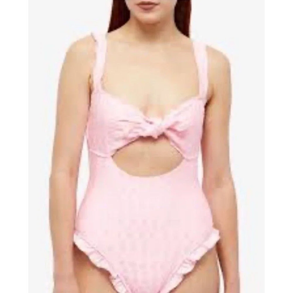 Frankies Bikinis Lucia Eyelet Ruffle Bow One Piece Swimsuit Pink Plus Size 2XL
